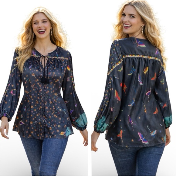 Johnny Was Butterfly Silk Blouse Rainbow Blouson NWT
